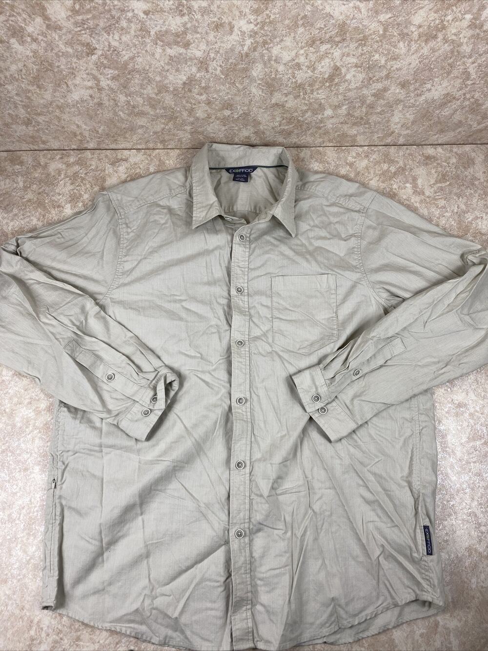 EXOFFICIO Men's 2XL Button Up Shirt Long Sleeve Tan "Made To Adventure" JS